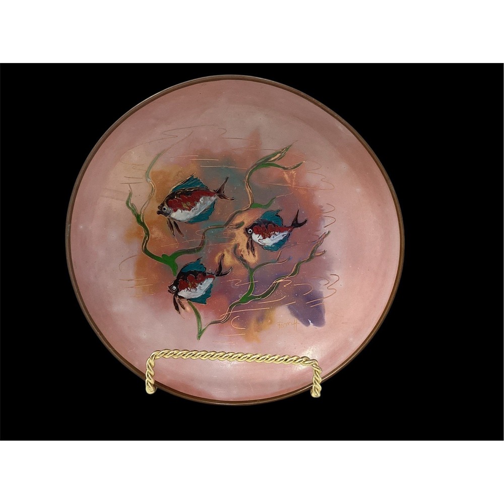 Vintage MCM Hand Painted Fish Enamel On Copper Footed Bowl 6 3/4" Artist Signed